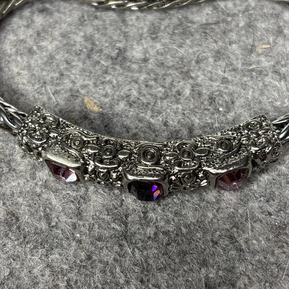 Purple Glass Stone Bracelet Silver Tone Bali Style Magnetic Clasp 7.5
